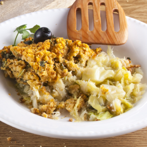 Bacalhau desfiado c/ broa e grelos