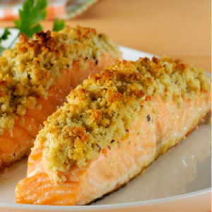 Salmão no forno c/ crosta de broa e grelos c/ batatas e arroz