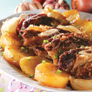 Costela mendinha assada c/ arroz e batatas assadas
