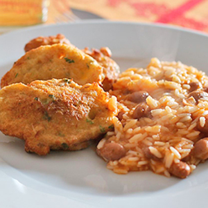 Pataniscas de bacalhau c/ arroz de feijão