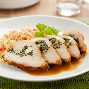 Peito de frango recheado de mozzarella e ananás c/ arroz