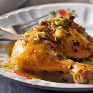 Perna de frango assada c/ arroz de legumes