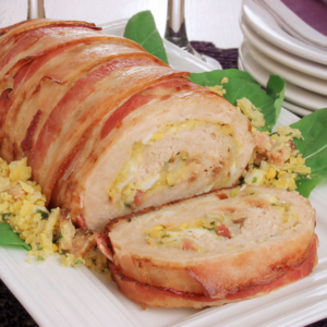 Lombo assado c/ farinheira, arroz e batata assadas