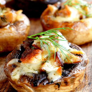 Cogumelo Portobello recheado de frango e bacon c/ arroz
