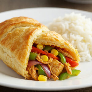 Folhado de frango e legumes c/ arroz