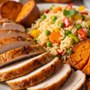 Peru assado c/ arroz primavera e batata doce