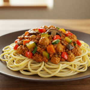 Bolonhesa de soja e legumes c/ esparguete