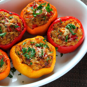 Pimento recheado de carne picada e ovo c/ arroz