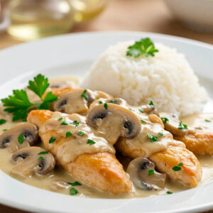 Bifinhos de frango à champignon c/ arroz basmati