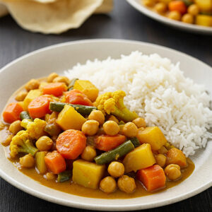 Caril de legumes e grão c/ arroz
