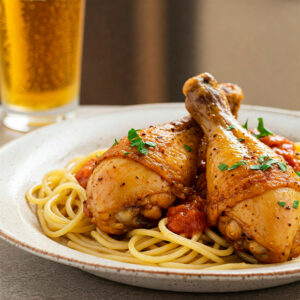 Frango à cervejeira c/ esparguete
