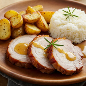 Lombo assado c/ arroz e batatinhas