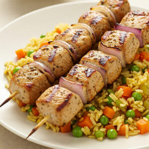 Espetadas de peru c/ arroz primavera