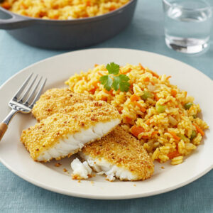 Filetes de pescada c/ arroz de cenoura