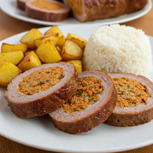 Roti de carne e farinheira c/ arroz e batata assada