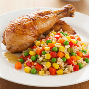 Frango assado c/ arroz primavera