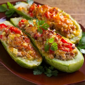 Courgette recheada de carne picada e feijão c/ arroz