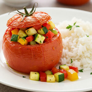 Tomate recheado de legumes c/ arroz