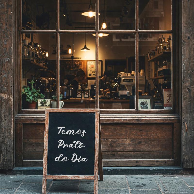 Fachada de café Fachada de café rústico com uma placa a anunciar "Temos Prato do Dia", destacando refeições para cafés