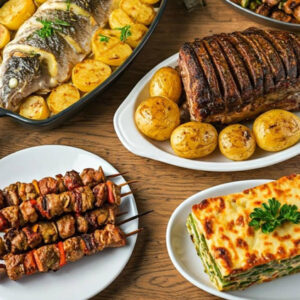 Vários pratos da comida portuguesa, como peixe grelhado, espetadas de carne e lasanha, exposto numa mesa de madeira