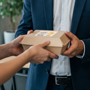 Homem com blazer azul escuro a receber um pacote de refeições caseiras no local de trabalho