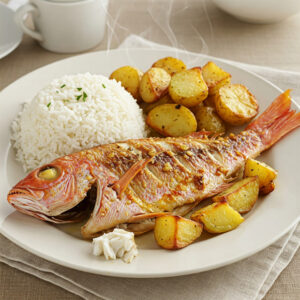 Red fish assado c/ arroz e batatas assadas
