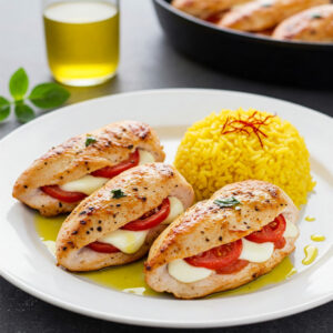 Supremos de frango recheados de tomate e mozzarella c/ arroz de açafrão