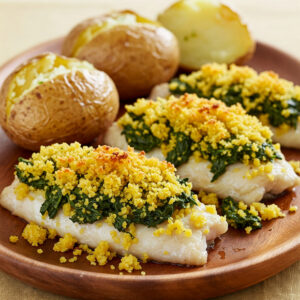 Pescada no forno c/ crosta de grelos e broa e batatinhas a murro