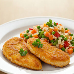 Panados de frango c/ arroz de primavera