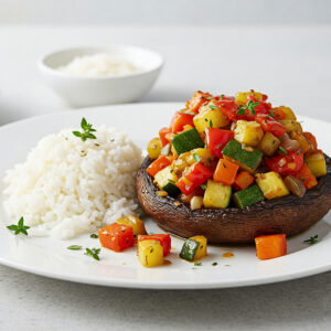Cogumelo Portobello recheado de legumes c/ arroz